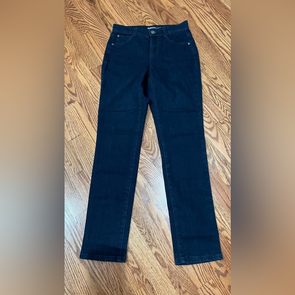 Style & Co Slim Leg Tummy Control Jeans Dark Blue Size 2 Petite Made In Jordan